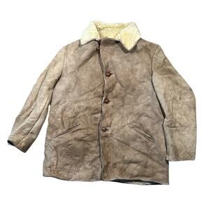Vintage Shearling Sheepskin Coat Brown Suede Sherpa Lined Button Front Jacket 46